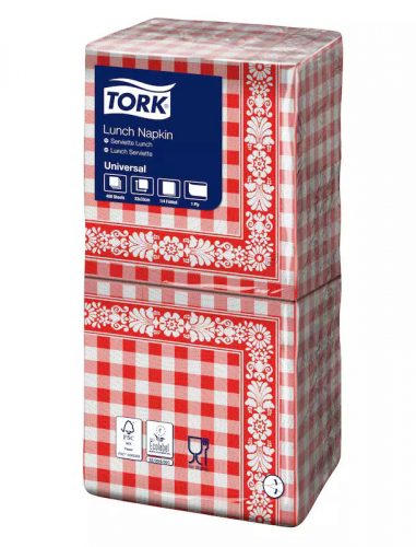 Tork szalvéta Lunch Universal PIROS CHECK 1r., 1/4 hajtás, 33X32cm, 500db/csg, 10csg/karton