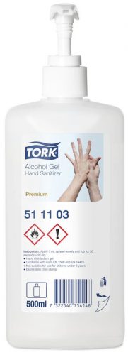 Tork folyékony alkoholos kézfertőtlenítő gél, hordozható pumpás 500ml (12db/karton)