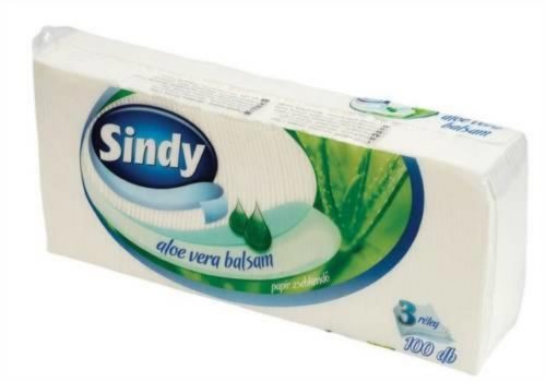 Sindy papírzsebkendő aloe vera 3r., 100db/csg, 60csg/karton, 24karton/raklap