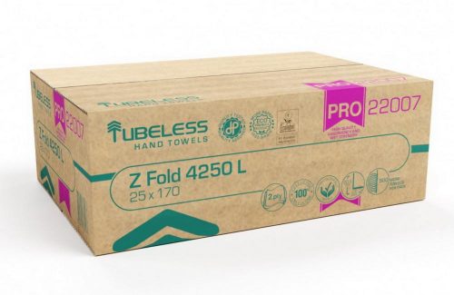 Tubeless Z Hajtogatott kéztörlő 2 rétegű, 100% cellulóz, 20,3x24cm, 25x170 lap 4250 lap/karton